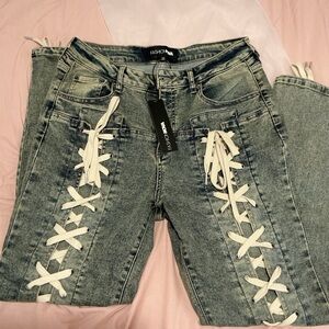 Fashion Nova Women's Lace-Up Detail Jeans